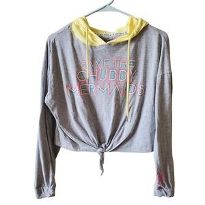 Save The Chubbie Mermaids Womens Cropped Hoodie Size Large Gray Yellow